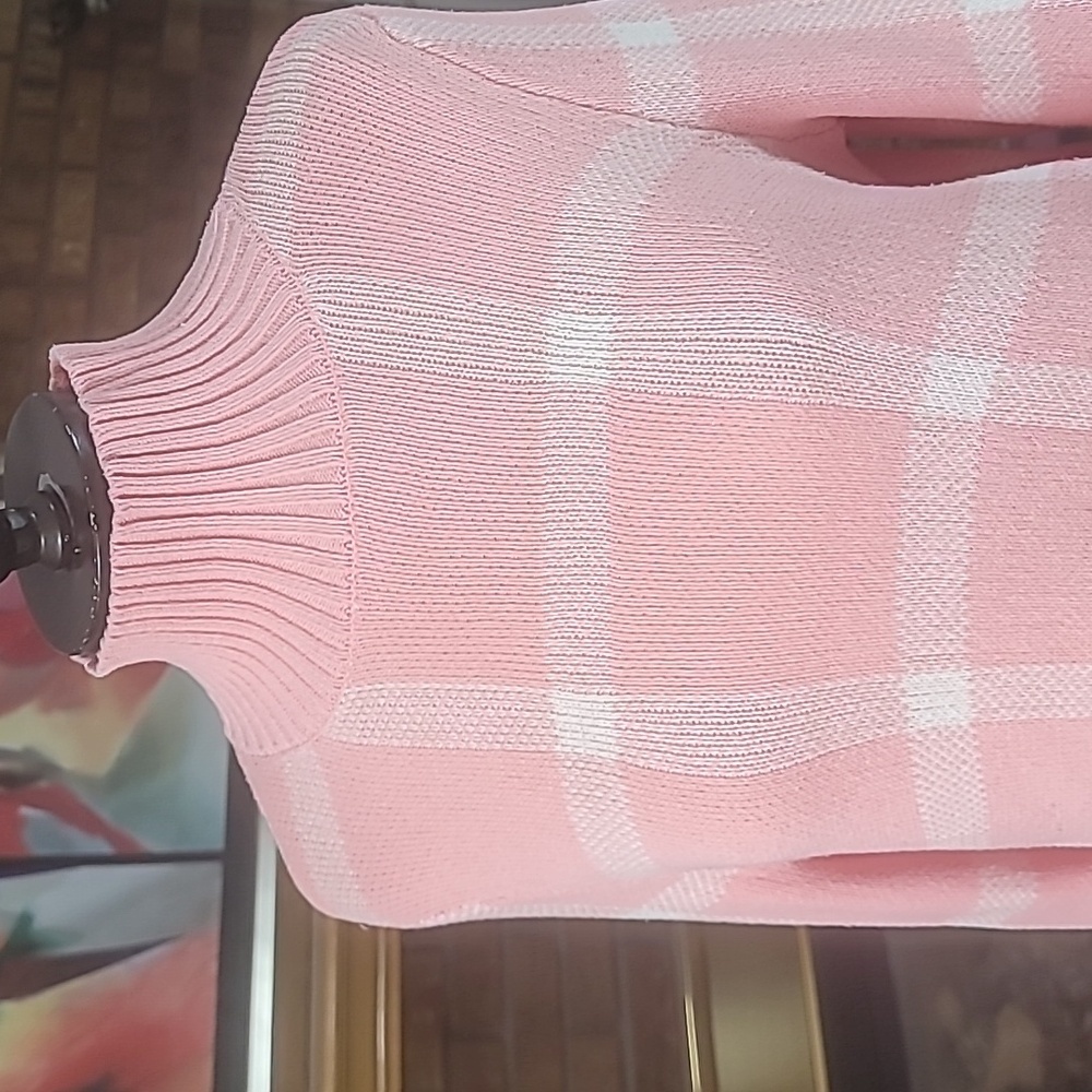 Pink and white mock neck sweater ribbed flare sleeves no tags see measurements - Picture 2 of 14